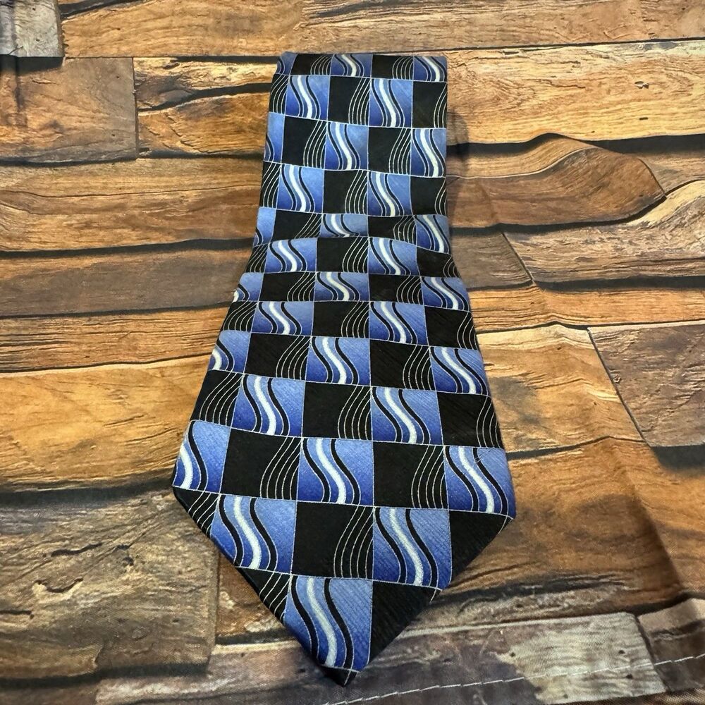 Sun River Men's 100% Silk Tie Blue Black Geometric Woven Wave Square Pattern